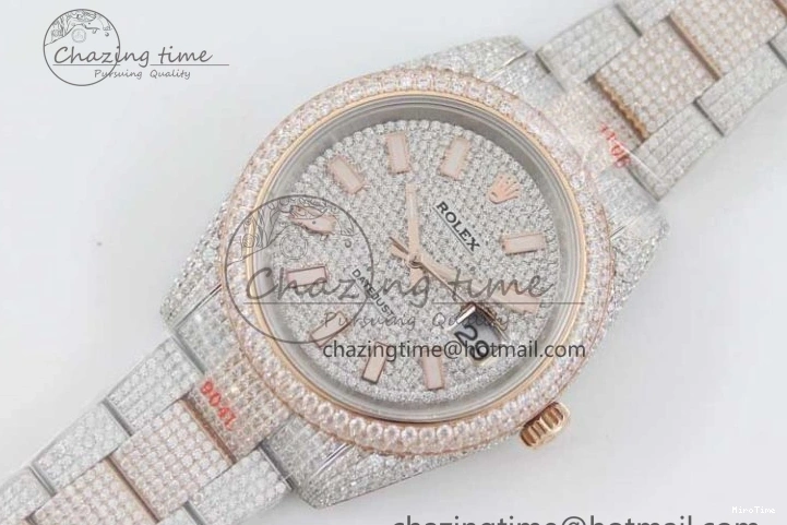 MiroTime 0601 Datejust 41 SS RG Full Diamonds TWF 1:1 Best Edition Diamonds Stick Markers Dial on Bracelet A Refined 2400